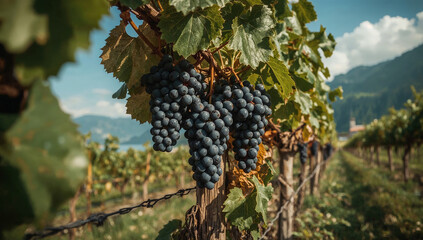 Lush vineyard plantation with rows of grapevines .