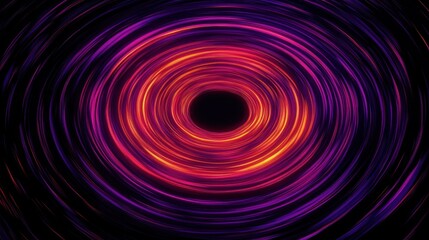 Abstract circular vortex with glowing orange and purple swirling lines around a central black void conveying energy and motion
