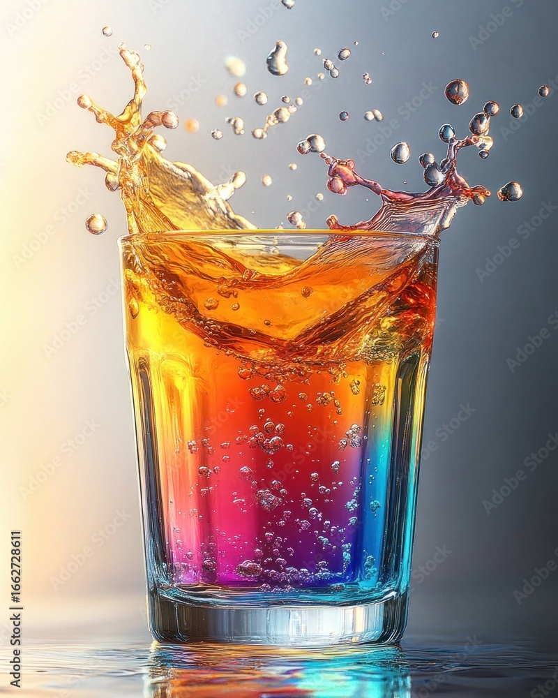 Poster close-up of a glass filled with colorful liquid splashing with bubbles rising inside, illuminated wi