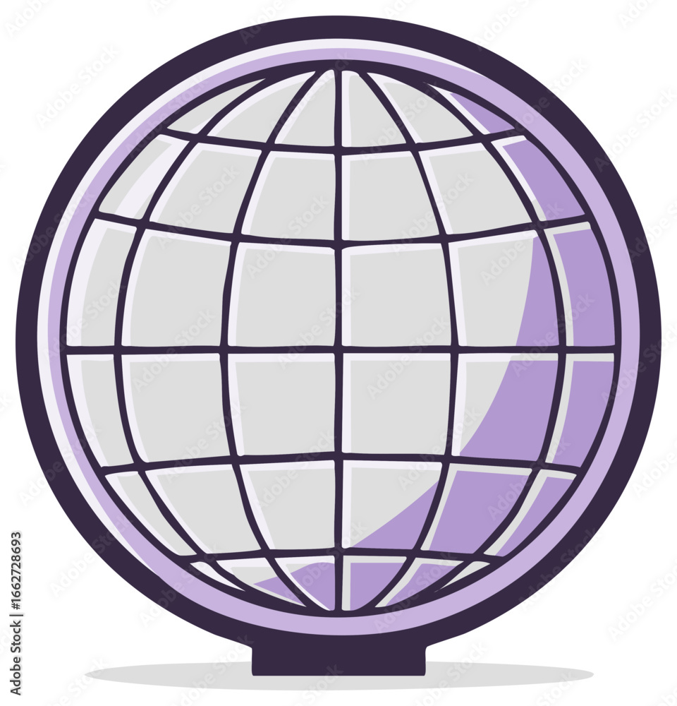 Poster simple flat design globe icon with purple outline and grid lines symbolizing the world