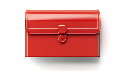 A glossy red toolbox with a latch on a white background in a studio setting with soft shadows