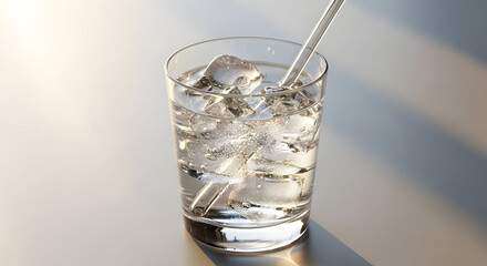 Glass with ice cubes and a refreshing drink in a clean, clear image highlighting the glass details.