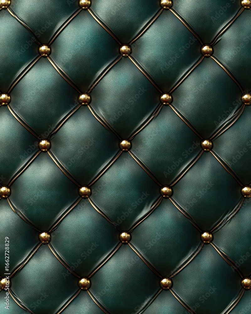 Poster close-up of luxurious dark green leather upholstery with gold button tufting in a diamond pattern cr