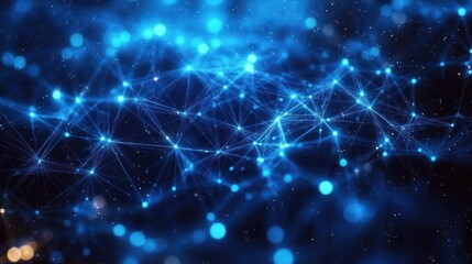 Glowing interconnected blue nodes and lines forming a network structure on a dark background with light bokeh effects creating a futuristic digital atmosphere