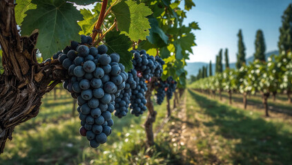 Lush vineyard plantation with rows of grapevines .