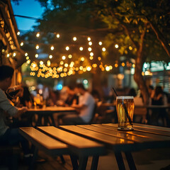 Outdoor restaurant at night with string lights and people dining