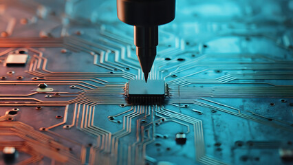 Precision testing of an advanced microchip on a circuit board, highlighting modern electronic manufacturing.