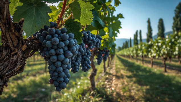  Lush vineyard plantation with rows of grapevines . - Powered by Adobe