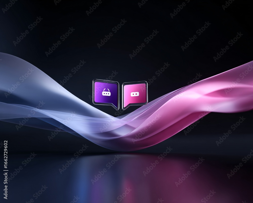 Poster ai conversational assistant represented by overlapping digital waves, chatbot icon in center, minima
