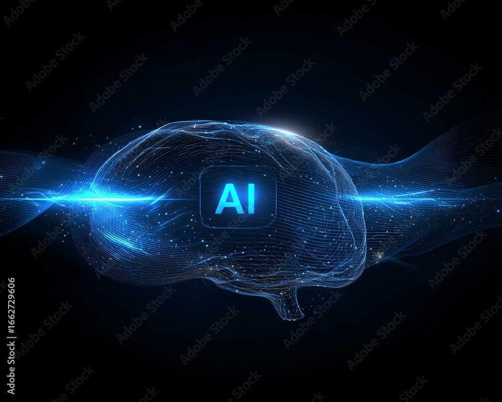 Poster ai conversational assistant represented by overlapping digital waves, chatbot icon in center, minima