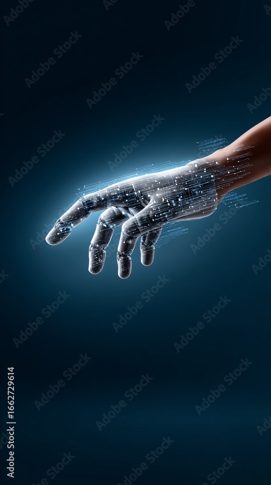 Poster human hand reaching towards floating chatbot hologram, futuristic virtual assistant visual, soft lig