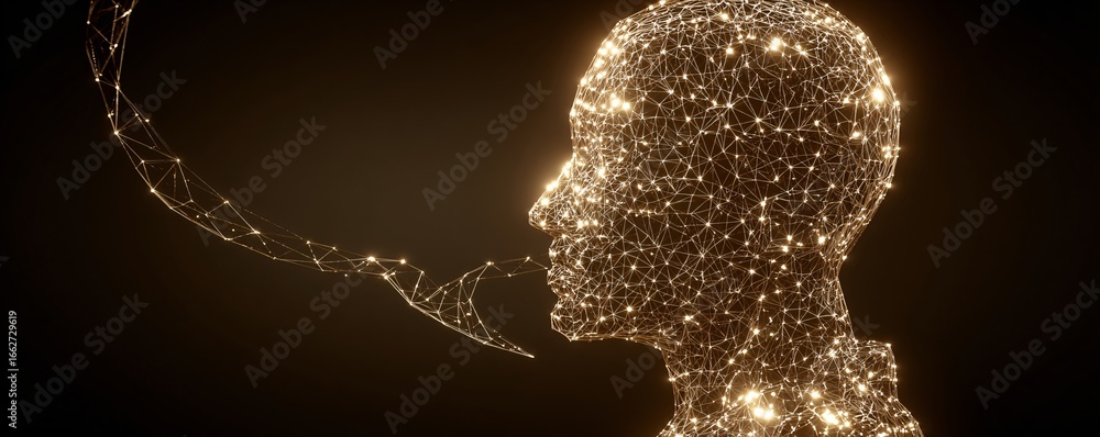 Poster ai chatbot avatar appearing inside a glowing speech bubble, abstract network lines in background, mo