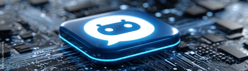 Poster high-tech ai chatbot icon glowing above digital circuit boards, data streams flowing around, cyber-i