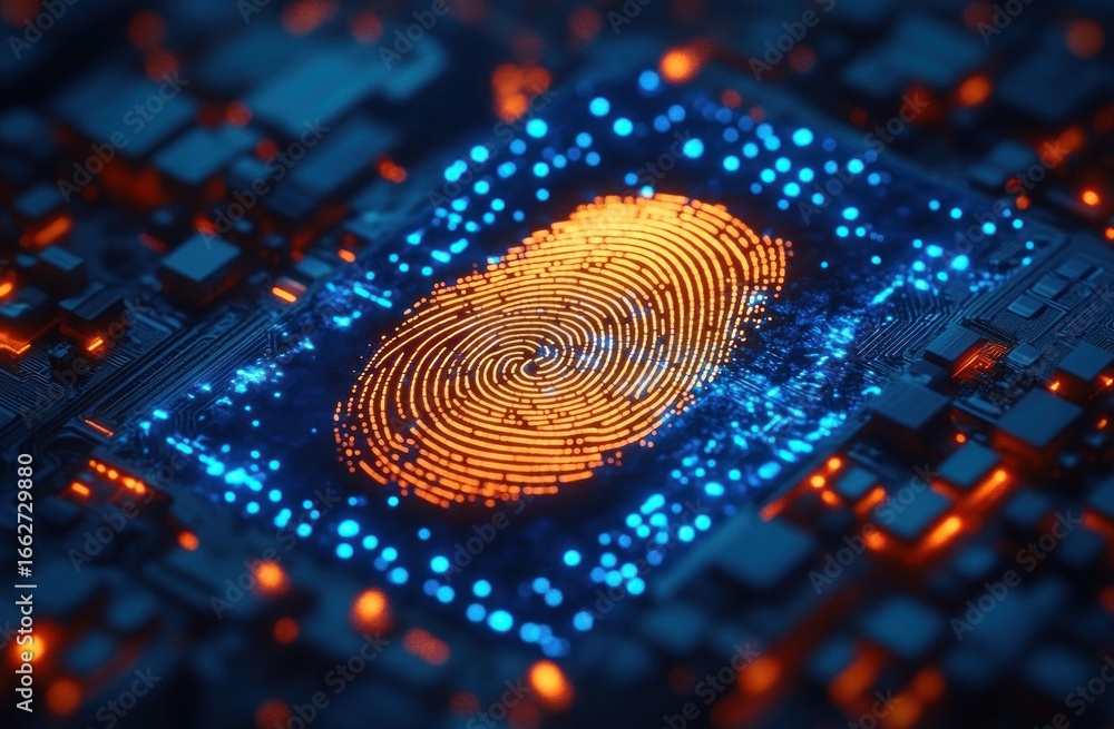 Poster glowing digital fingerprint scanning on a futuristic circuit board representing cyber security and b