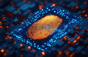 Glowing digital fingerprint scanning on a futuristic circuit board representing cyber security and biometric technology