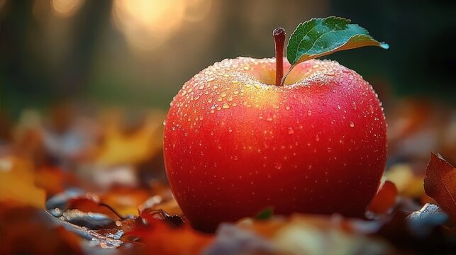 Fresh red apple with water droplets and green leaf resting on autumn leaves under soft warm light