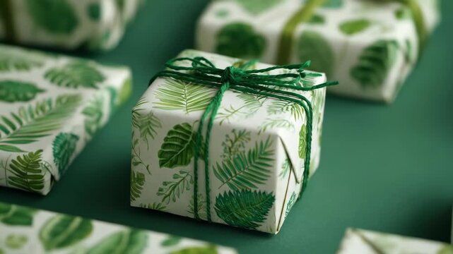 Gifts wrapped in leaf-patterned paper & green string on a green backdrop