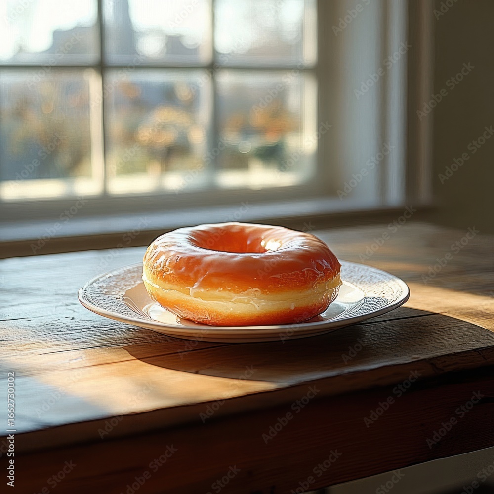 Poster glazed donut placed on a white plate on a rustic wooden table with soft natural light from a window 