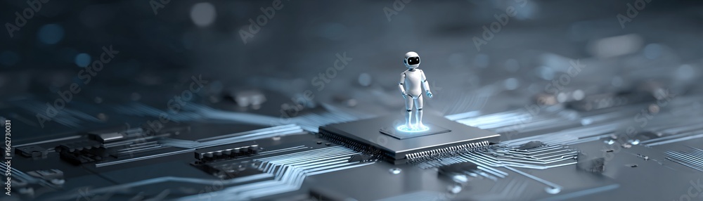 Poster high-tech ai chatbot icon glowing above digital circuit boards, data streams flowing around, cyber-i