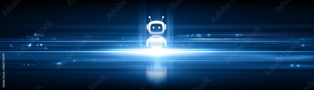 Poster high-tech ai chatbot icon glowing above digital circuit boards, data streams flowing around, cyber-i