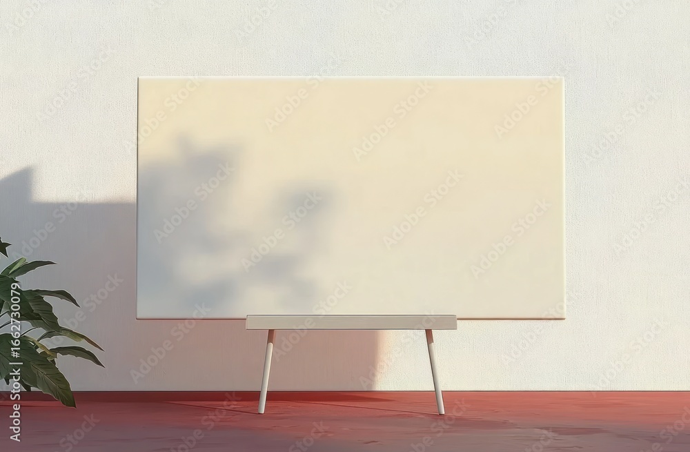 Poster minimalist blank canvas on easel casting soft shadows on a textured white wall with a single green p