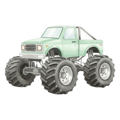 Fototapeta premium Light green monster truck with large rugged tires and roll cage isolate