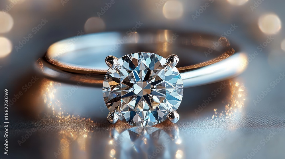 Poster close-up of a sparkling round-cut diamond solitaire ring with a silver band reflecting soft light an