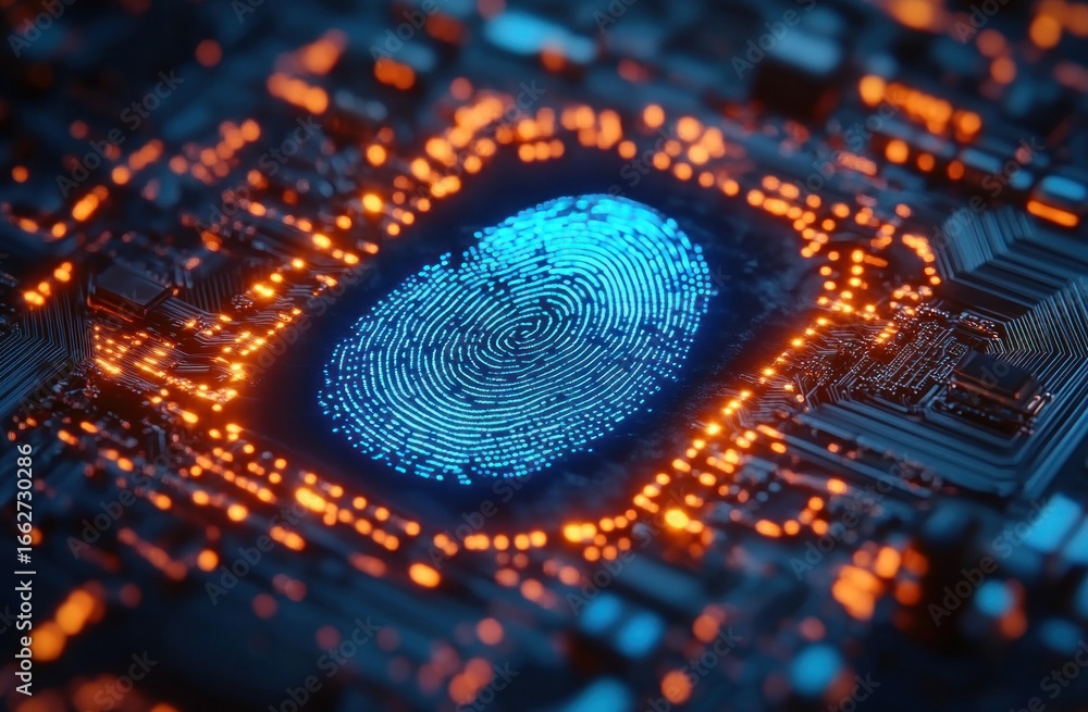 Poster close-up of glowing blue digital fingerprint on a dark circuit board with bright orange illuminated 