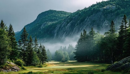 Misty mountain valley with lush forest