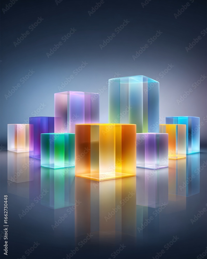 Poster abstract concept of machine learning chatbot visualized as interconnected holographic cubes, modern 