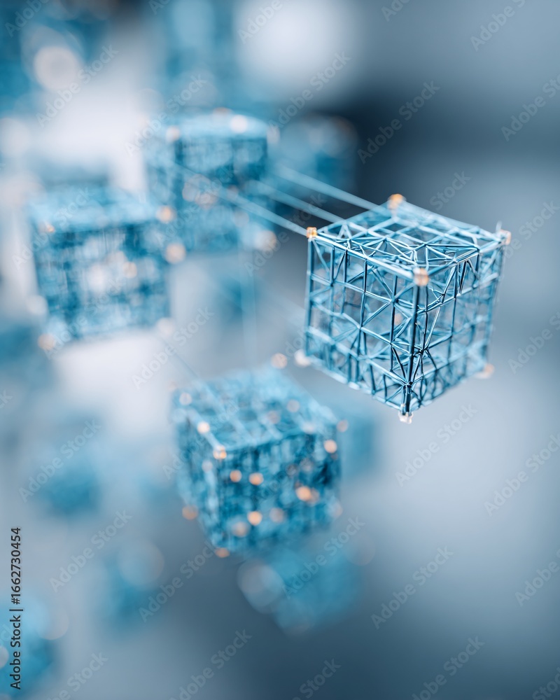Poster abstract concept of machine learning chatbot visualized as interconnected holographic cubes, modern 