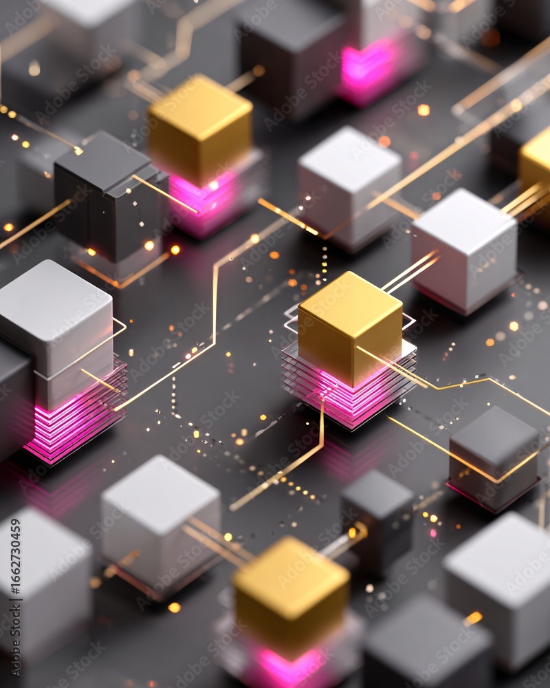 Poster abstract concept of machine learning chatbot visualized as interconnected holographic cubes, modern 