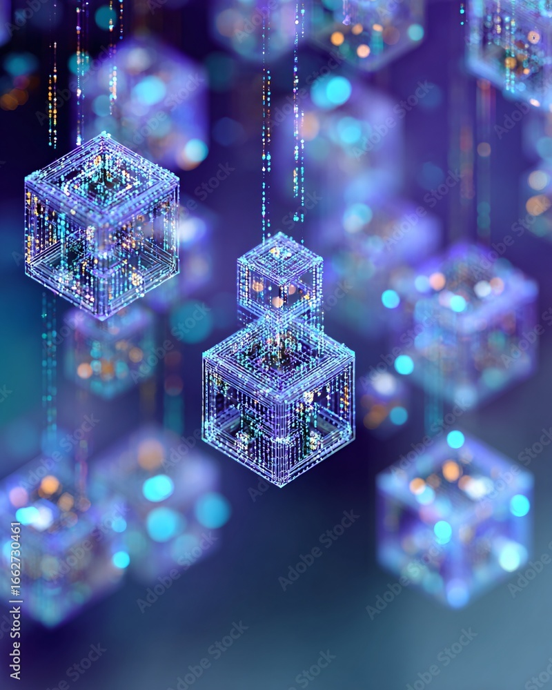 Poster abstract concept of machine learning chatbot visualized as interconnected holographic cubes, modern 