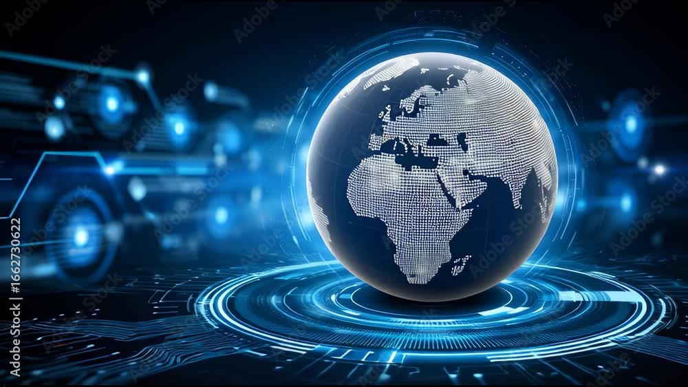 Poster digital globe with illuminated continents and futuristic blue technology interface showcasing global