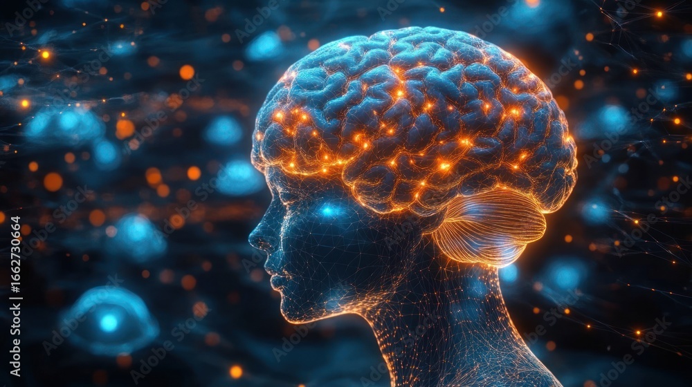 Aufkleber 3d digital illustration of a human head in profile with glowing neural connections and a luminous br