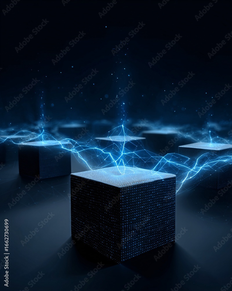 Poster abstract concept of machine learning chatbot visualized as interconnected holographic cubes, modern 