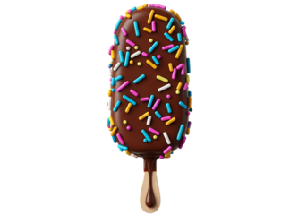 Chocolate covered ice cream bar with colorful sprinkles, isolated on transparent background