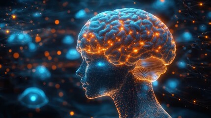 3D digital illustration of a human head in profile with glowing neural connections and a luminous brain inside a dark blue abstract background symbolizing intelligence and brain activity