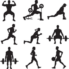 Obraz premium Black Silhouettes of People Exercising with Weights and Running