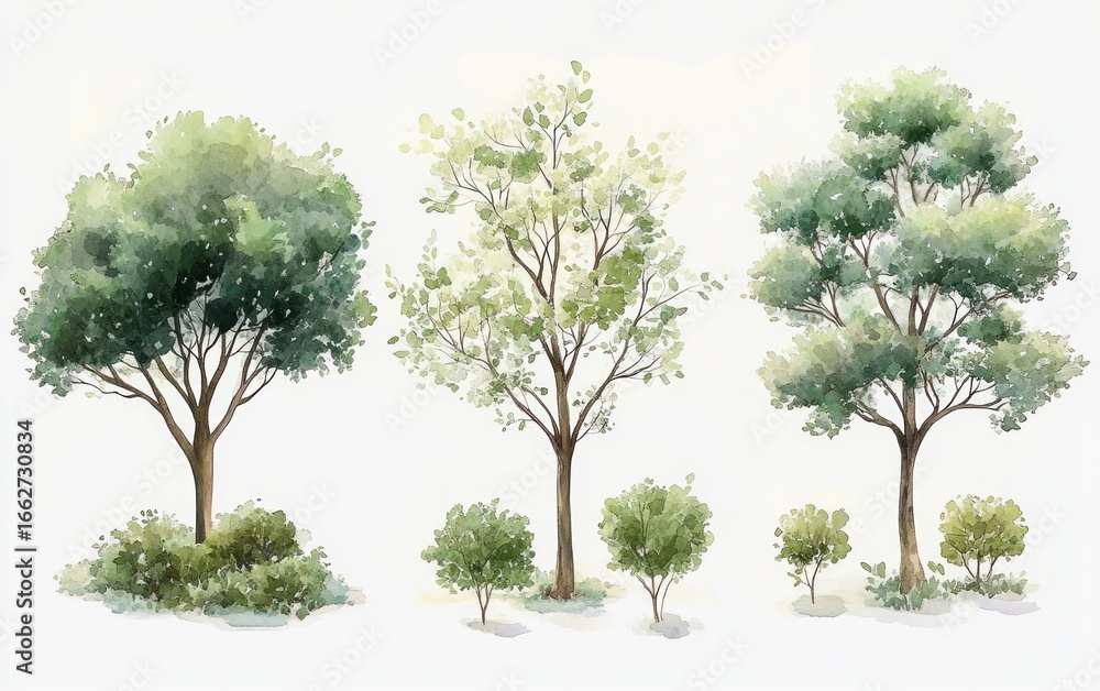 Poster illustration of three different types of leafy green trees with small bushes surrounding their bases
