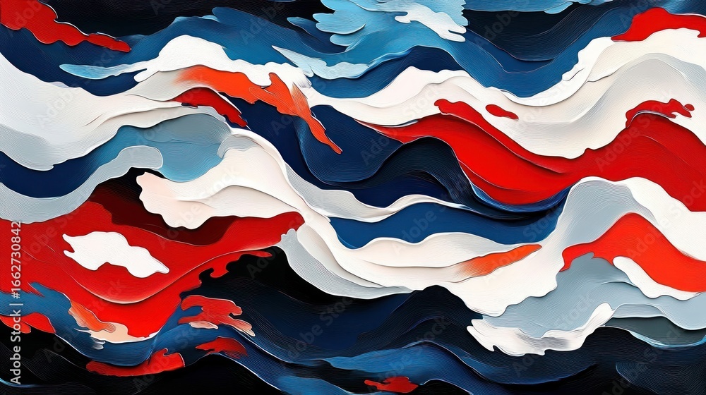 Poster abstract flowing layered waves of red, white, blue, and black colors creating a dynamic and energeti