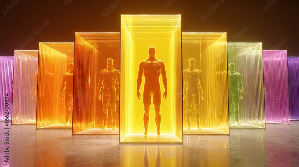 Poster glowing chatbot avatar standing in front of layered holographic panels showing conversational ai dat