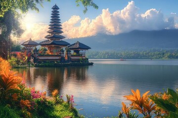 Traditional multi-tiered pagoda temple surrounded by water with lush greenery and vibrant flowers under a bright sky with fluffy clouds reflecting on the calm lake