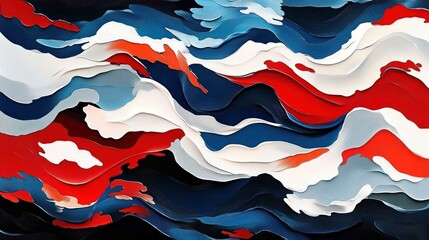 Abstract flowing layered waves of red, white, blue, and black colors creating a dynamic and energetic visual pattern
