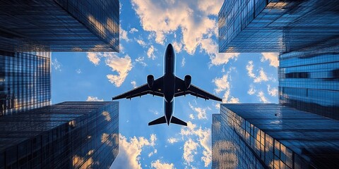 Large airplane flying overhead against a blue sky with scattered clouds framed by tall modern glass skyscrapers reflecting sunlight