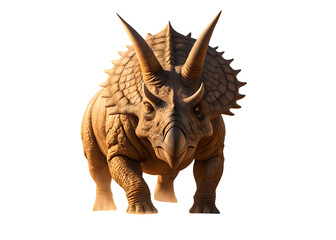 Fototapeta premium Photorealistic rendering of a massive prehistoric triceratops dinosaur with detailed organic skin texture, intricate horns and frill, striking color contrast cinematic lighting, png file isolated on t