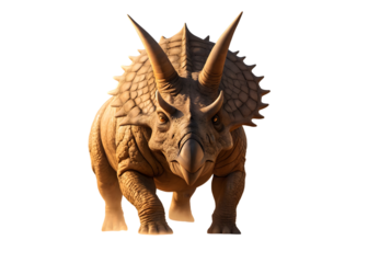 Photorealistic rendering of a massive prehistoric triceratops dinosaur with detailed organic skin texture, intricate horns and frill, striking color contrast cinematic lighting, png file isolated on t