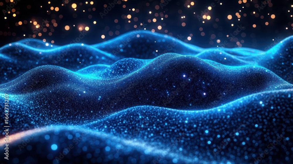 Poster glowing blue wave-like particles forming a sparkling digital ocean with golden lights floating above
