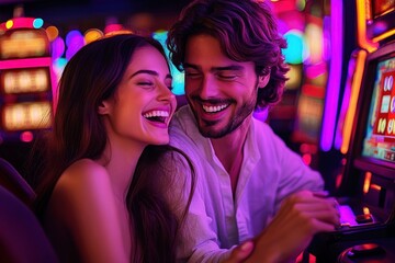 Happy young couple enjoying time together playing slot machines in a colorful casino environment with bright neon lights