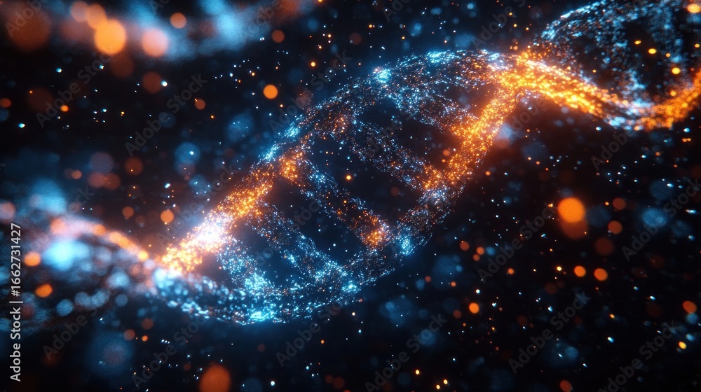 Poster glowing blue and orange digital representation of a dna double helix structure with sparkling partic